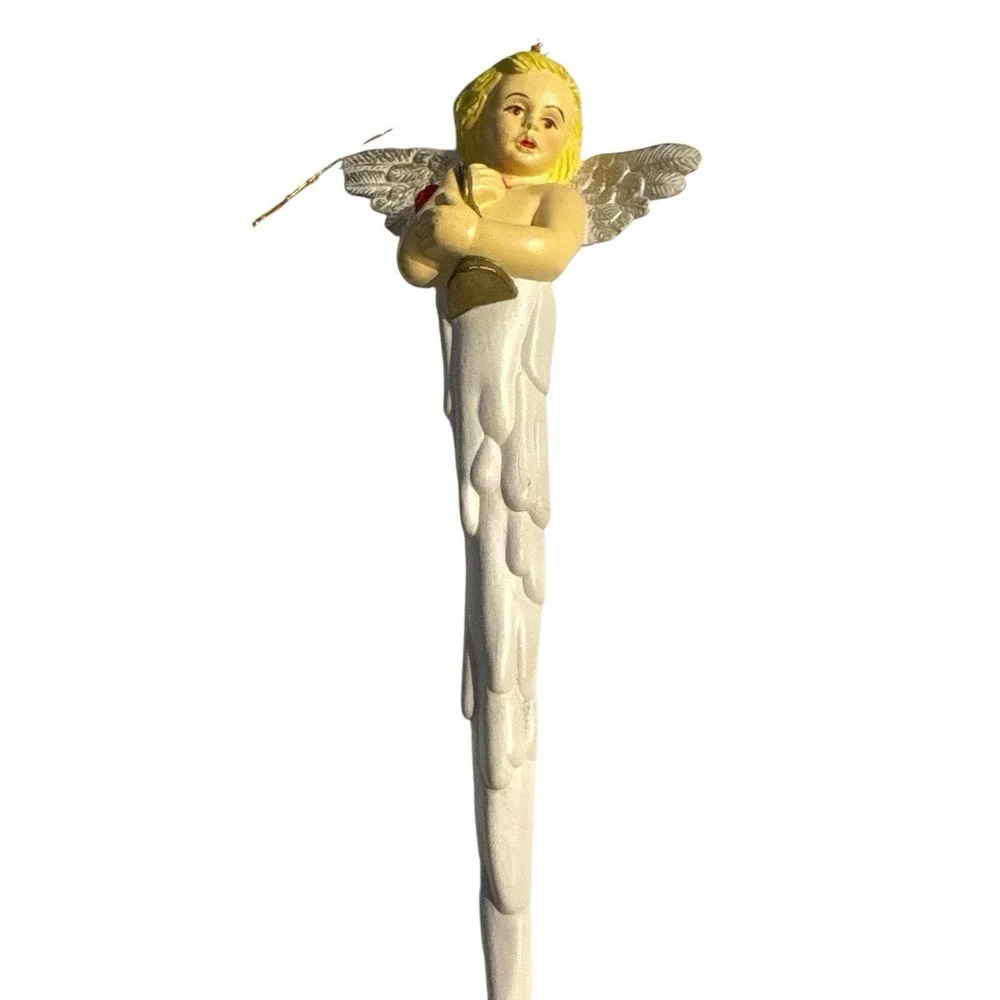 Vintage Angel Icicle Ornament Holding Bell Christmas Plastic‎ Cherub Religious